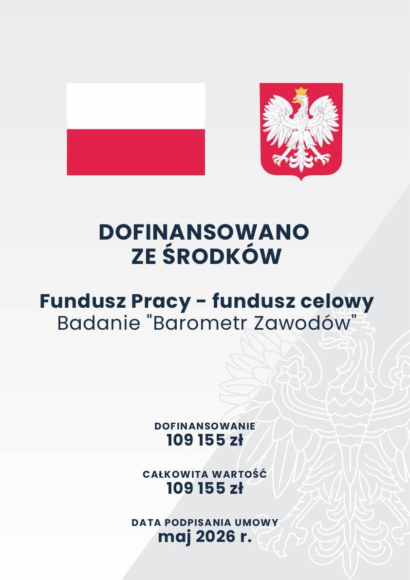 Badanie Barometr zawodów finansowane ze środków celowych Funduszu Pracy - dofinansowanie 109 155 zł - całkowita wartość 109 155 zł - data podpisania umowy - maj 2026 r.
